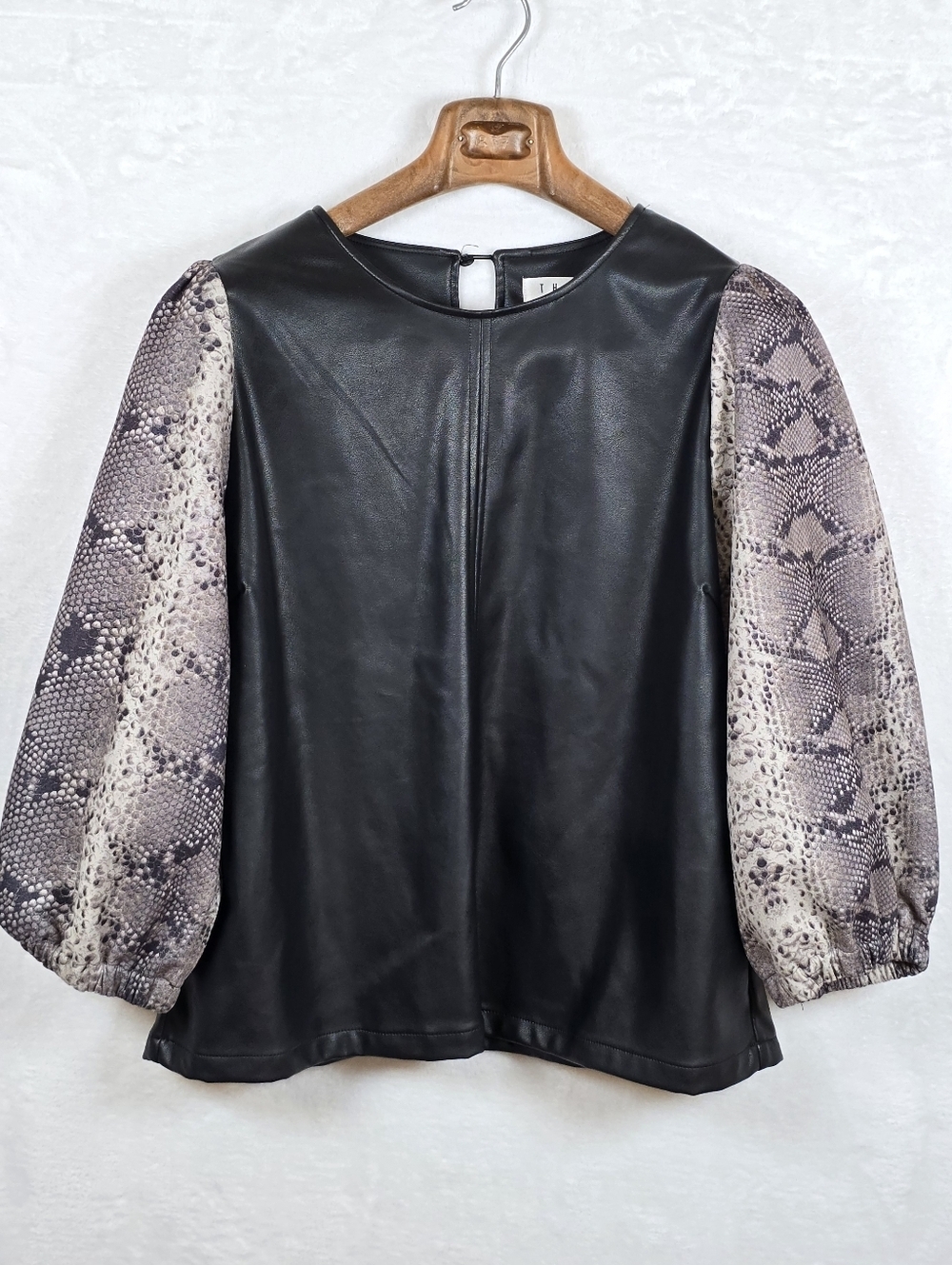 THML Vegan Leather Snakeskin Velvet Balloon Sleeves Top Mixed Media Blouse Sz.L
